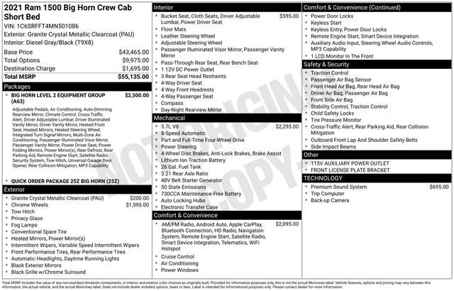 2021 RAM 1500 Big Horn Crew Cab 4x4 5'7' Box