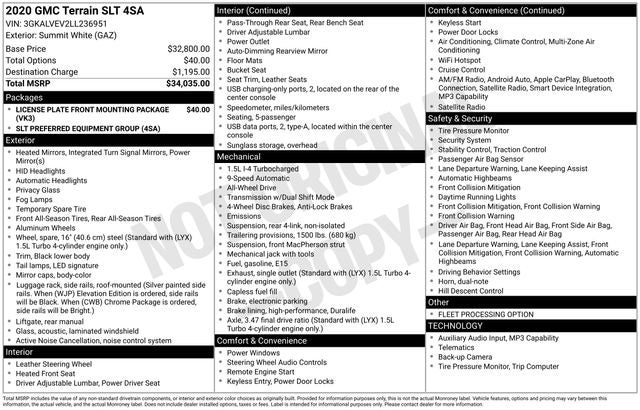 Used 2020 GMC Terrain SLT with VIN 3GKALVEV2LL236951 for sale in Denham Springs, LA